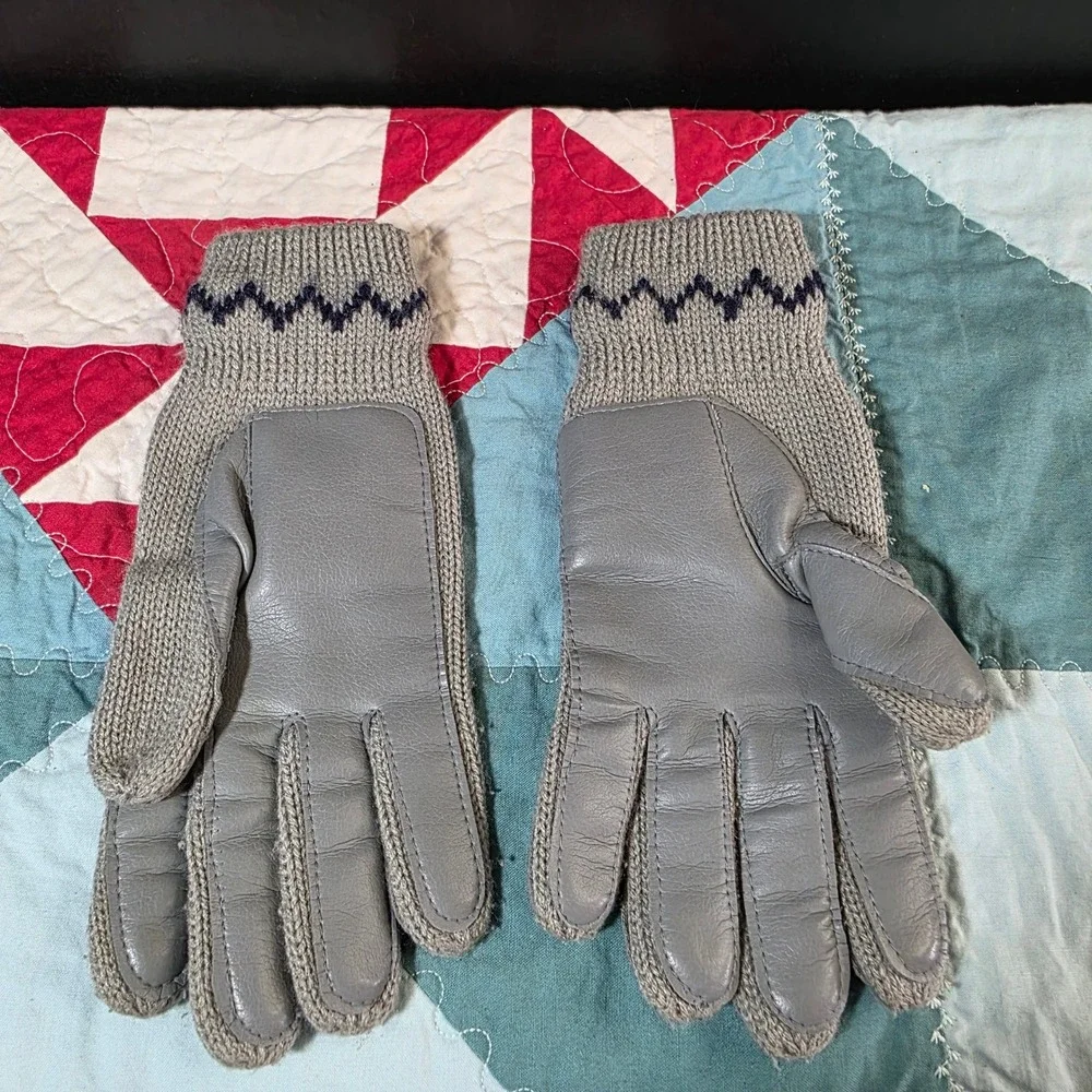 Vintage Leather Knit Gloves Women S/M Grey Navy Blue Winter Mixed Media